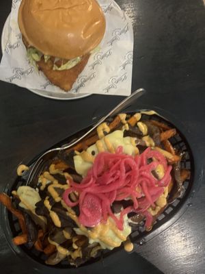 Vegan Loaded fries and vegan burger  at Main Street Burger Bar in Byron Bay