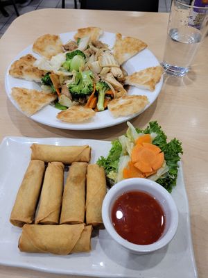 Perfect spring rolls and fried noodles with veggies and "chicken". at Happy Veggie in Redondo Beach