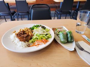 BBQ vermicelli noodles and spring rolls at Happy Veggie in Redondo Beach