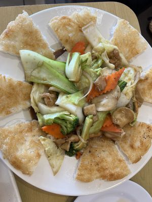 Fried noodles and veggies  at Happy Veggie in Redondo Beach