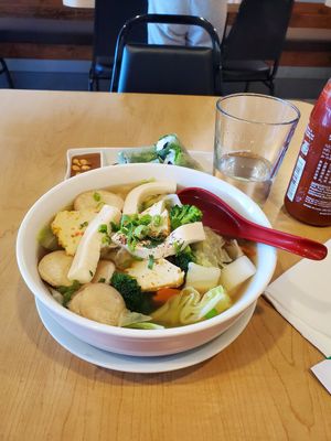 Vegetable soup. Broth, carrots, broccoli , bok choy, zucchini, tofu, and protein at Happy Veggie in Redondo Beach