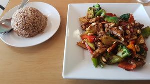 Chicken Kung Pao. Delicious and mouthwatering! at Happy Veggie in Redondo Beach