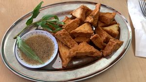 Best fried tofu I’ve ever had with a black pepper and salt in lemon juice dipping sauce at Happy Veggie in Redondo Beach