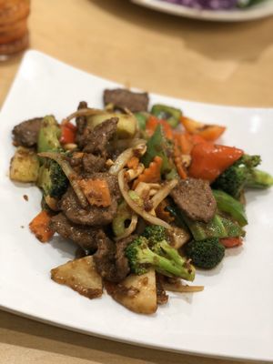 Mongolian Beef stir fry  at Happy Veggie in Redondo Beach
