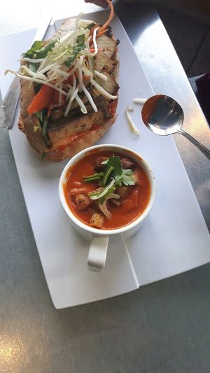 Tofu Bahn Mi and tomato soup at Wild Root Cafe in Boise