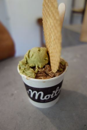 pistache, coffee-peanut at Moitre Helado Vegano in Medellin