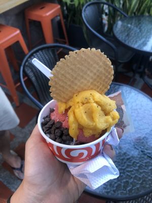 strawberry mandarine and passion fruit(?)  at Moitre Helado Vegano in Medellin