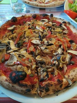 Vegan pizza with a lot of veggies! at Pizzeria Les 2 Sources in Sainte-enimie