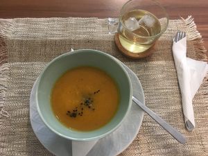 ginger soup and chá de erva príncipe  at Aloha Cafe in Lisbon