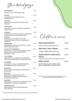Sunday menu page 2; pizzas can be made with vegan cheese at The Star Inn in South East London