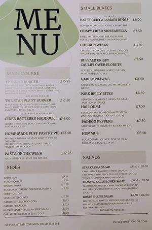 Menu (exc. Sunday) page 1, as of Feb 2025; photo, as not currently available online at The Star Inn in South East London