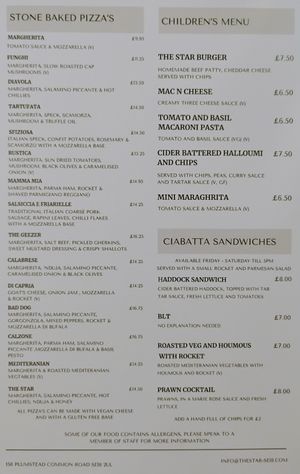Menu (exc. Sunday) page 2, as of Feb 2025; pizzas can be made with vegan cheese at The Star Inn in South East London
