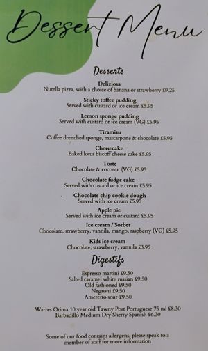 Dessert menu, as of Feb 2025; photo, as not currently available online at The Star Inn in South East London