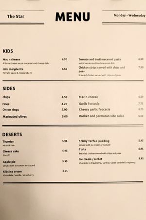 Menu as of January 2026 at The Star Inn in South East London