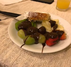Dessert - cake and chocolate fondue at Rancho dos Gnomos in Joanopolis