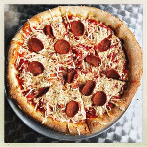 Vegan personal pizza, with vegan ‘pepperoni’.  at Little Nook Cafe in West Sayville