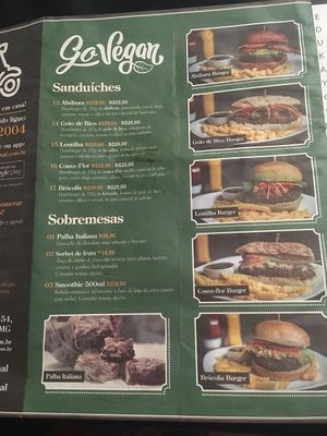 Vegan menu at Black Burger in Belo Horizonte