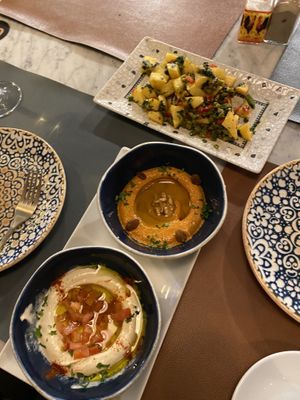 Hummus, pepper hummus, batata hara    at Ilili in Tenerife