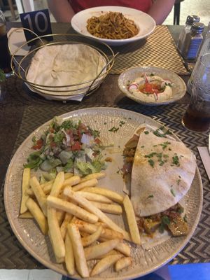 Vegan shawarma, fries, and salad   at Ilili in Tenerife