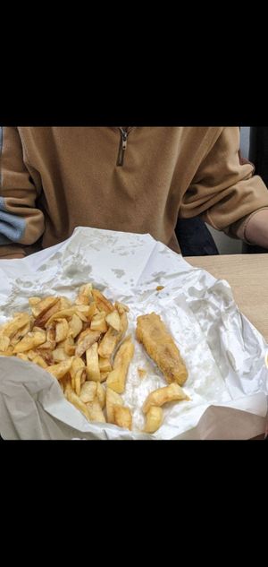 Battered sausage and chips at Ranmoor Friery in Sheffield