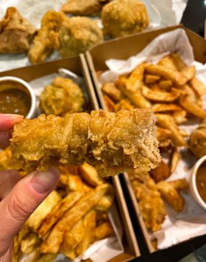 Battered sausage in the vegan box  at Ranmoor Friery in Sheffield