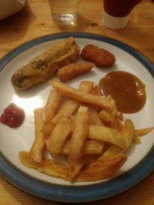 vegan battered sausage, vegan prawn, vegan nuggets, chips & vegan curry sauce at Ranmoor Friery in Sheffield