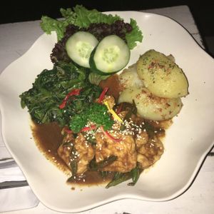 sesame maple tofu with wilted spinach and sautéed potato at Nook in Kerobokan Kelod