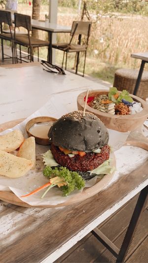 Beetroot burger and smoothie bowl.  at Nook in Kerobokan Kelod