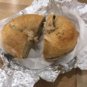 Cinnamon Raisin Bagel with Cinnamon Walnut Tofu Spread at 5 Borough Bagels in Clive
