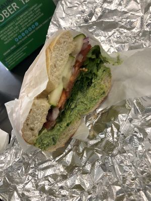 Plain bagel with veggies and tofu spinach spread at 5 Borough Bagels in Clive