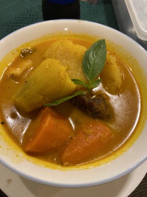 Veg Curry containing Tofu, vegan “beef”, mushrooms, potatoes and carrots   at Veggie Saigon - Vietnam & Thai Vegan Restaurant in Ho Chi Minh City