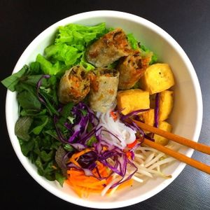 Bún chả giò - Vermicelli & fried spring rolls & tofu & fresh vegetable at Veggie Saigon - Vietnam & Thai Vegan Restaurant in Ho Chi Minh City