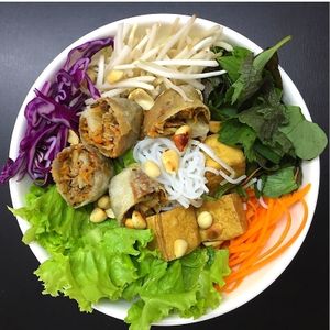 Bún chả giò (Vermicelli & Fried spring roll & tofu) at Veggie Saigon - Vietnam & Thai Vegan Restaurant in Ho Chi Minh City