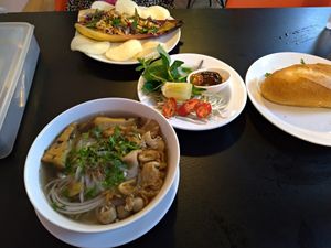 Veggie pho, Banh mi and banana flower salad.  at Veggie Saigon - Vietnam & Thai Vegan Restaurant in Ho Chi Minh City
