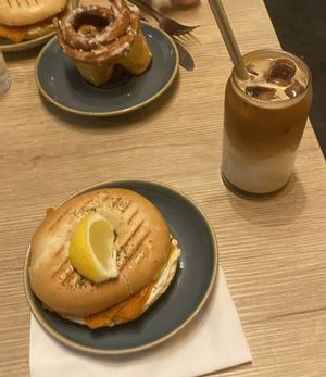 Bagel, iced coffe + cinnamon roll   at Sazzy & Fran in East London