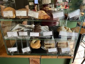 Pastry and sandwich case  at Sazzy & Fran in East London