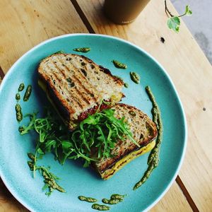 our "cheese toasties" are made with coconut based "cheese" this one is pesto and sun dried tomatoes, and you can get it in store or on Uber Eats at Sazzy & Fran in East London