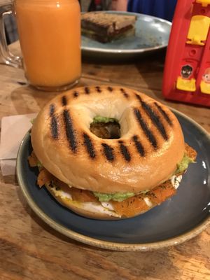 smoked “zalmon” bagel with cashew cream cheese at Sazzy & Fran in East London