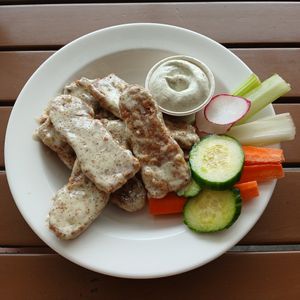 Seitan Vegan Wings w/ IPA mustard, also served w/ house vegan ranch & delectable vegetables at Benson Brewery in Omaha