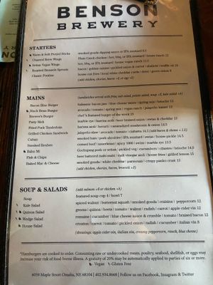 Menu at Benson Brewery in Omaha