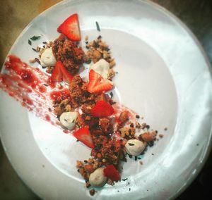 vegan PB&J: tofu, cocoa nibs, strawberry jaw, and granola at Eatery A in Des Moines