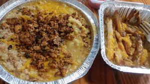 Vegan mac n cheese with soy chorizo, and vegan cheese fries at The Mac House in Raleigh