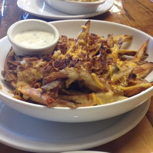 vegan cheese fries with vegan ranch and facon at The Mac House in Raleigh