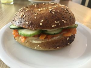 ‘Salmon’ and tofu cream cheese bagel. Delicious!! at Lokal Dela Krem in Warsaw