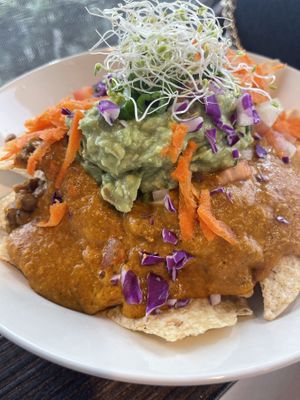 Nachos with “cheese” made of yams! #Veganuary at Greens Please Wellness Kitchen in Poway