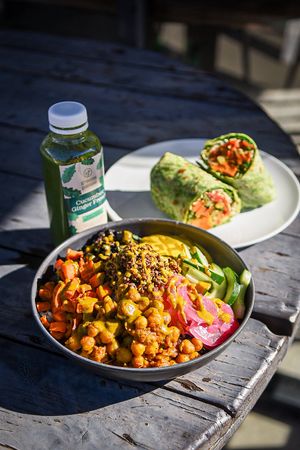 Harvest Bowl and Hummus Wrap at Greens Please Wellness Kitchen in Poway