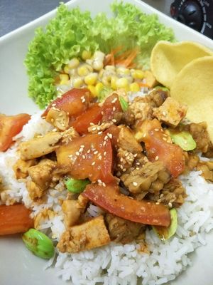 Sambal Petal Tempeh really good ?. at Harmony Hut International Food in Northeast Singapore