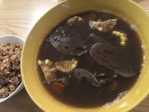 Black bean lotus root soup with brown rice  at Harmony Hut International Food in Northeast Singapore