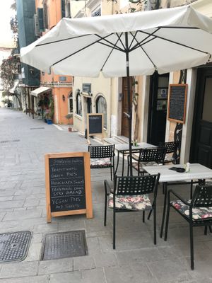 Vegan pies and sweets sign! at Starenio Bakery in Corfu