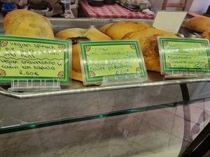 Vegan savoury pie selection July 2022 2 at Starenio Bakery in Corfu